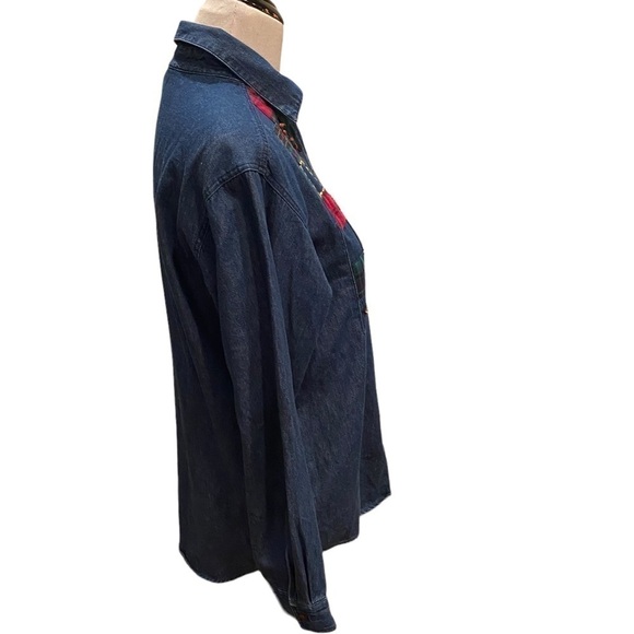 SUSAN BRISTOL Fall Denim Shirt Women Long Sleeve Tartan Patched Chambray Medium - Picture 3 of 14